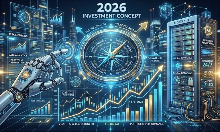 2026년 에이전틱 AI와 피지컬 AI가 이끄는 투자 트렌드 및 데이터 나침반의 실전 포트폴리오 전략을 보여주는 일러스트