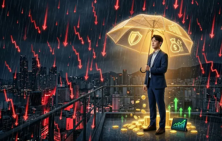 도심 야경 속 폭락장을 피하며 수익을 지키는 투자 방어막