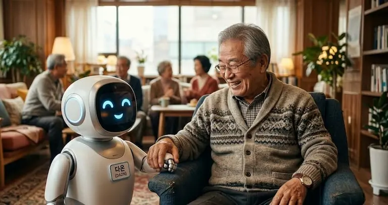 친근하고 귀여운 돌봄 반려 로봇과 손을 잡고 행복하게 웃는 노인 남성