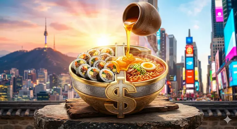 달러 기호 그릇에 담긴 김밥과 라면에 꿀(수익)이 떨어지는 이미지
