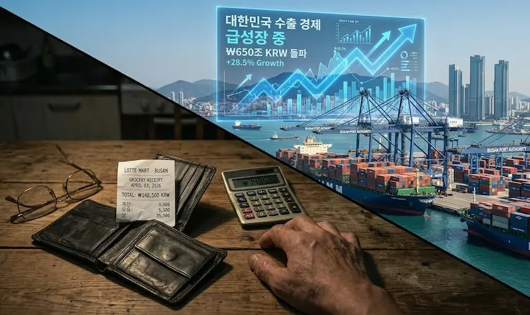 체감 물가(영수증)와 대한민국 수출 경제 성장(부산항)의 극명한 대비