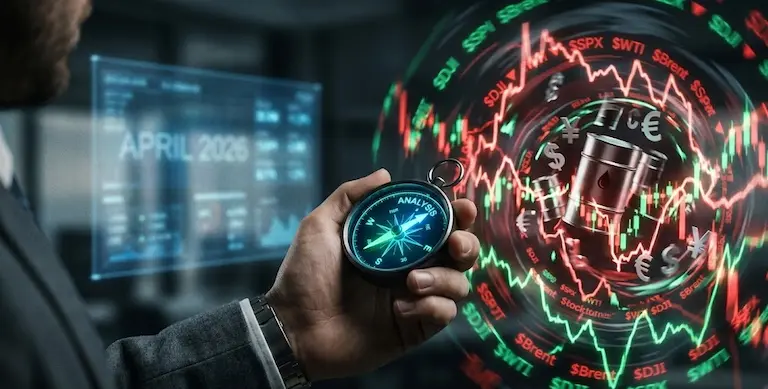 2026년 4월 글로벌 경제지표 분석을 나타내는 디지털 나침반과 주식 차트, 원유 드럼통이 어우러진 시네마틱 이미지