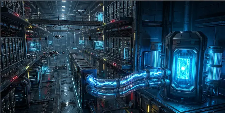 2026년 구글, 마이크로소프트, 아마존 등 빅테크 기업들이 AI 데이터센터 전력난 해결을 위해 직접 투자 중인 소형모듈원전(SMR)의 미래지향적인 사이버펑크 3D 일러스트