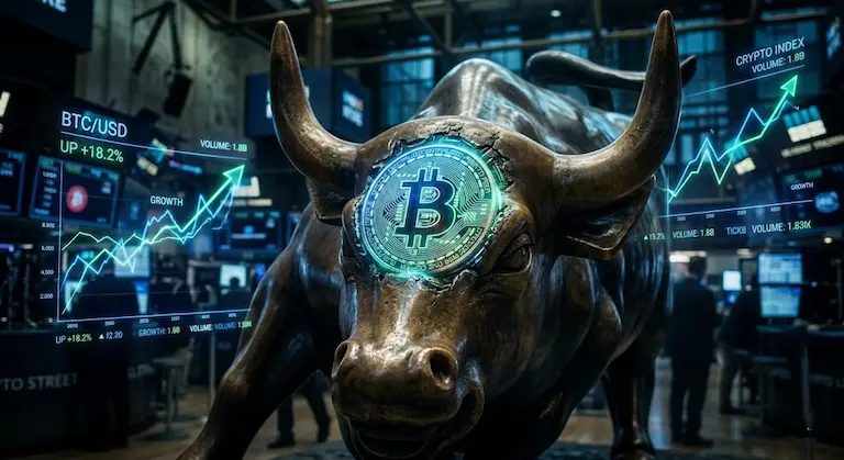 비트코인 현물 ETF 수익률 상승과 월스트리트 황소 동상을 표현한 시각적 묘사