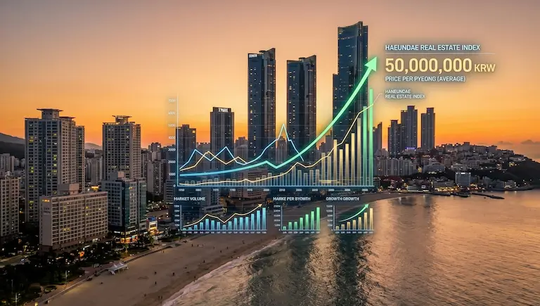해운대 스카이라인 위로 평당 5,000만 원 돌파와 우상향하는 금융 데이터를 시각화한 중앙 집중형 이미지