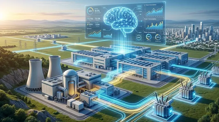 AI 데이터 센터에 안정적인 전력을 공급하는 현대적인 SMR(소형모듈원전)과 전력망 인프라의 청사진을 보여주는 미래지향적인 일러스트레이션.