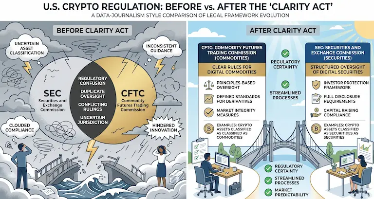 클래리티 법안 도입 전후의 SEC 및 CFTC 규제 관할권 명확화 비교 인포그래픽