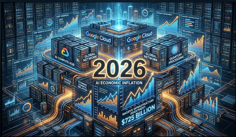 2026년 빅테크의 막대한 투자를 상징하는 구글 클라우드 데이터센터와 AI 인플레이션 재무 차트