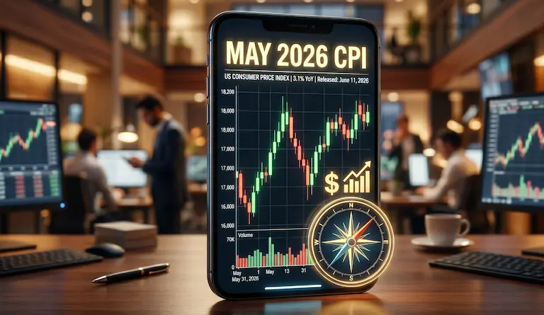 2026년 5월 미국 CPI 발표 일정과 경제 지표를 상징하는 나침반과 스마트폰 화면