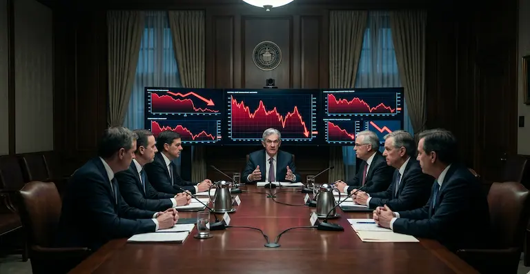 매파적 FOMC 결과를 상징하는 긴장감 넘치는 연준 회의실과 붉은색 그래프