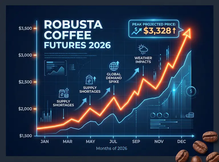 3,300달러 선을 돌파한 2026년 로부스타 커피 원두 선물 가격 데이터 인포그래픽 차트