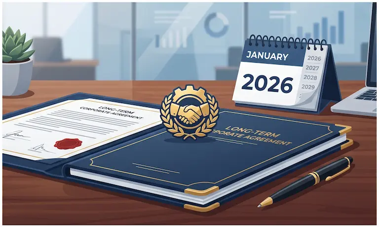 2026년 달력과 악수 뱃지가 놓인 합의문 서류철