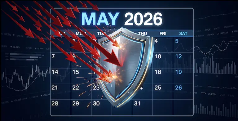 2026년 5월 경제 일정의 불확실성 속에서 자산을 보호하는 방패와 방어적 투자 전략을 시각화한 중앙 집중형 썸네일 이미지