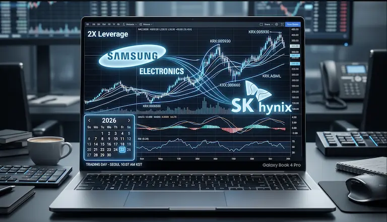 삼성전자와 SK하이닉스 2배 레버리지 ETF 차트와 5월 22일 상장 일정이 강조된 전문 투자자의 작업 공간