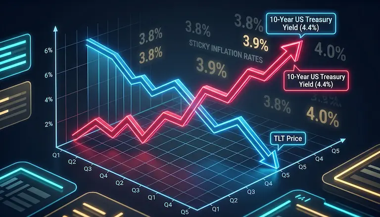 10년물 국채 금리 4.4% 돌파와 미국 장기채 ETF 주가 하락의 반비례 관계를 보여주는 3D 금융 데이터 그래프